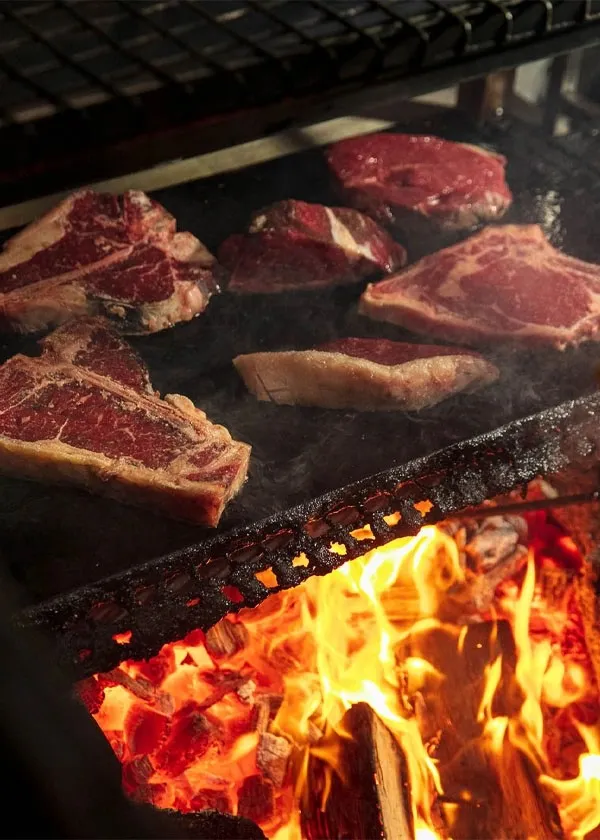 Steaks grilling over open fire at temper